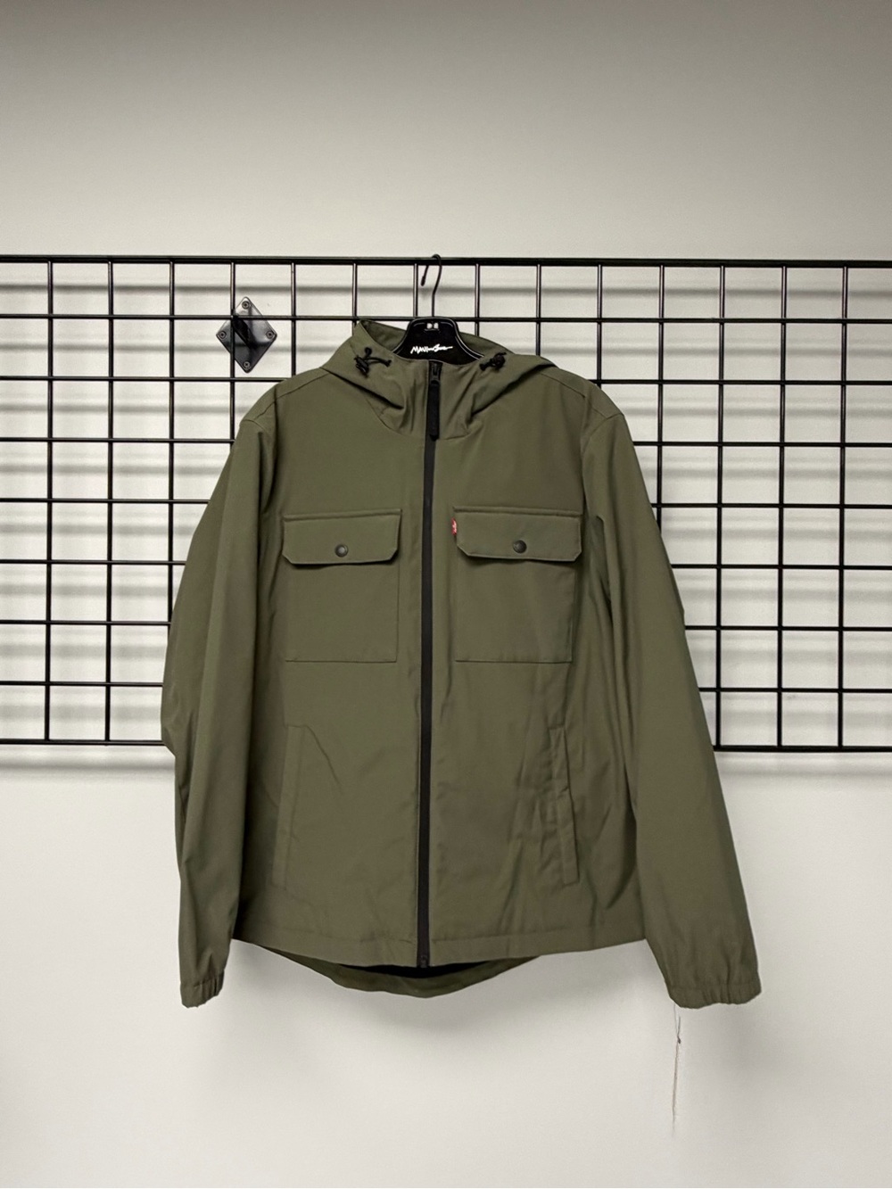 Levi's Olive Green Hooded Raincoat with Chest Flap Pockets
